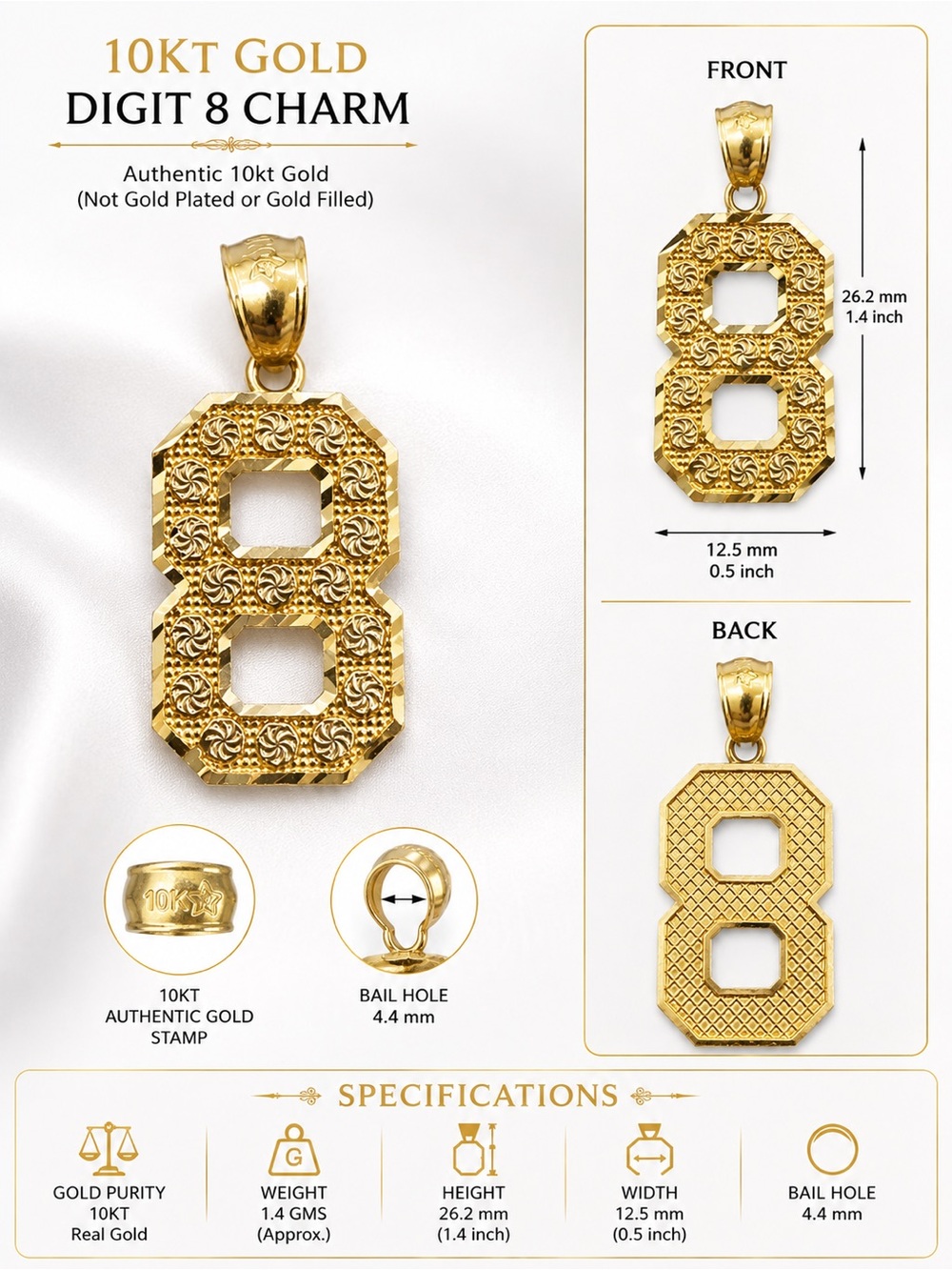 10KT Gold Digit 8 Charm Pendant - Gold